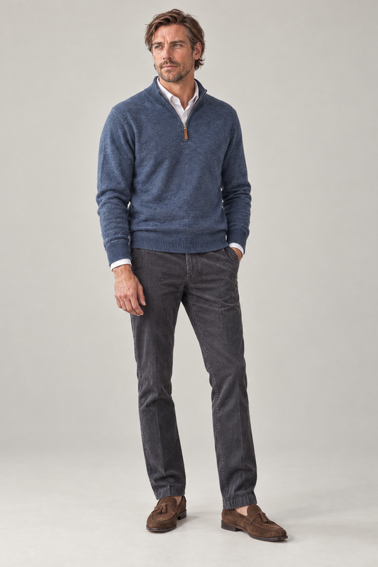 Merino Denimblå Zip Genser