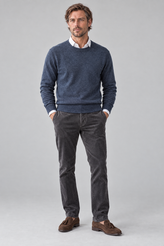 Merino Denimblå Rund Hals Genser