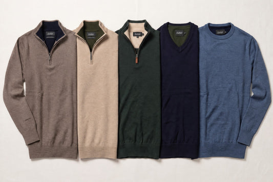 Fem herregensere fra Zeno i brun, sand, forest, navy og denimblå, lagt side om side på lys bakgrunn