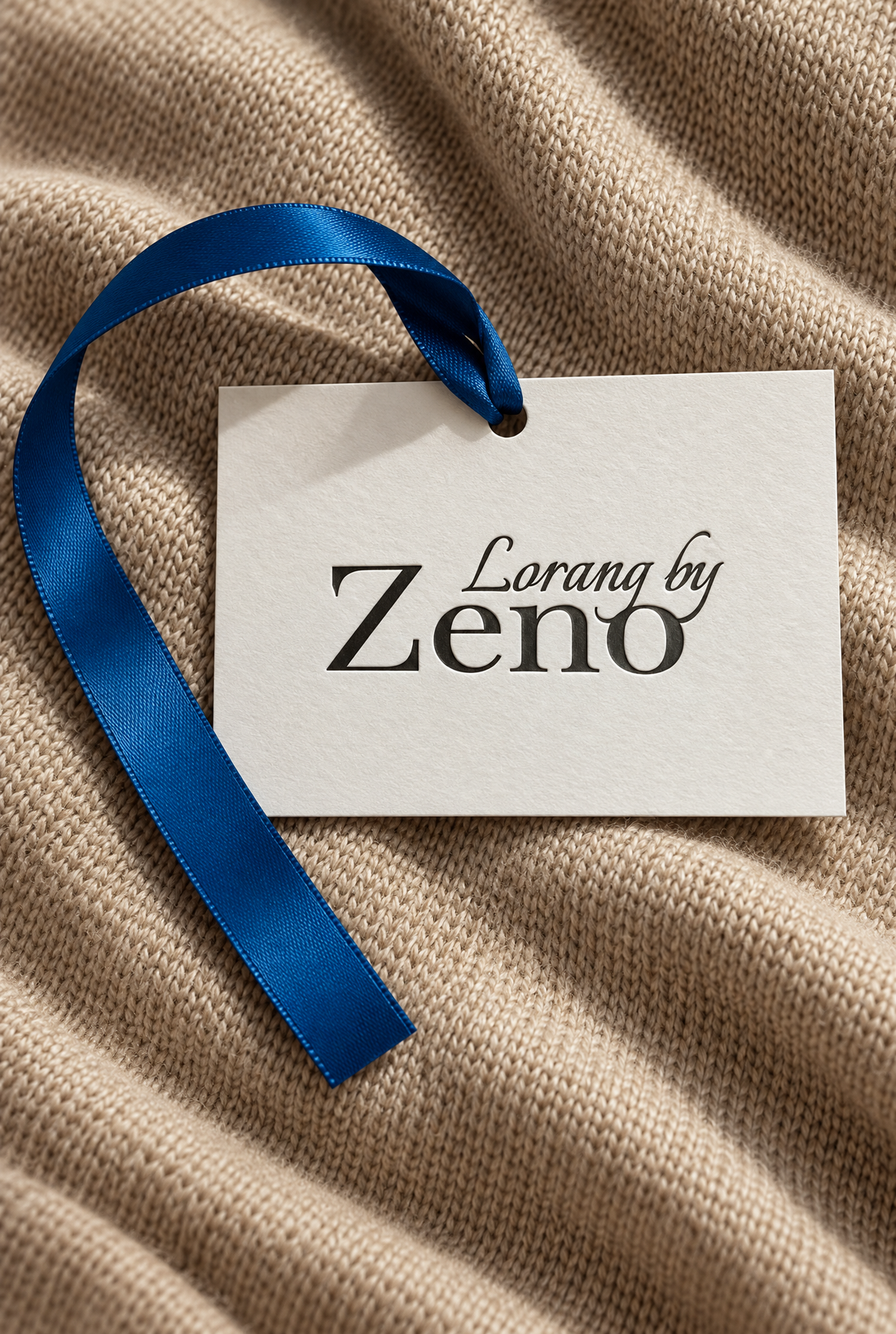Merkelapp fra Lorang by Zeno med blått silkebånd på en sandfarget strikket kasjmirgenser