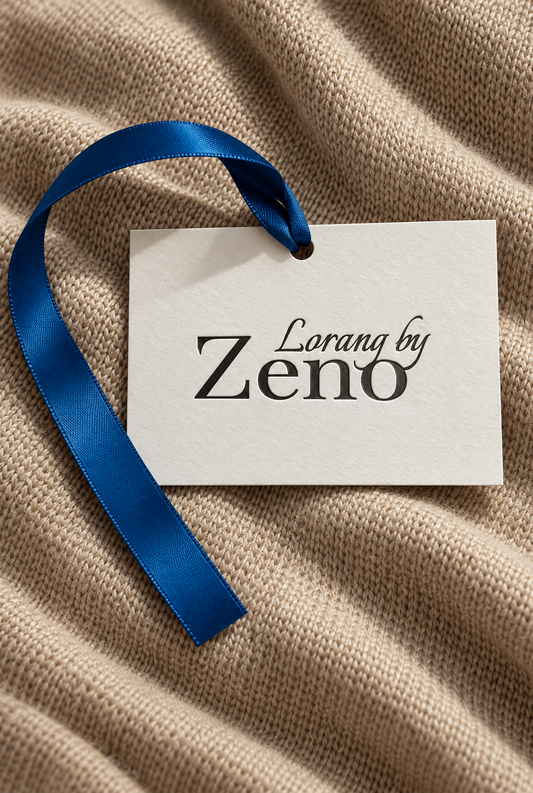 Merkelapp fra Lorang by Zeno med blått silkebånd på en sandfarget strikket kasjmirgenser