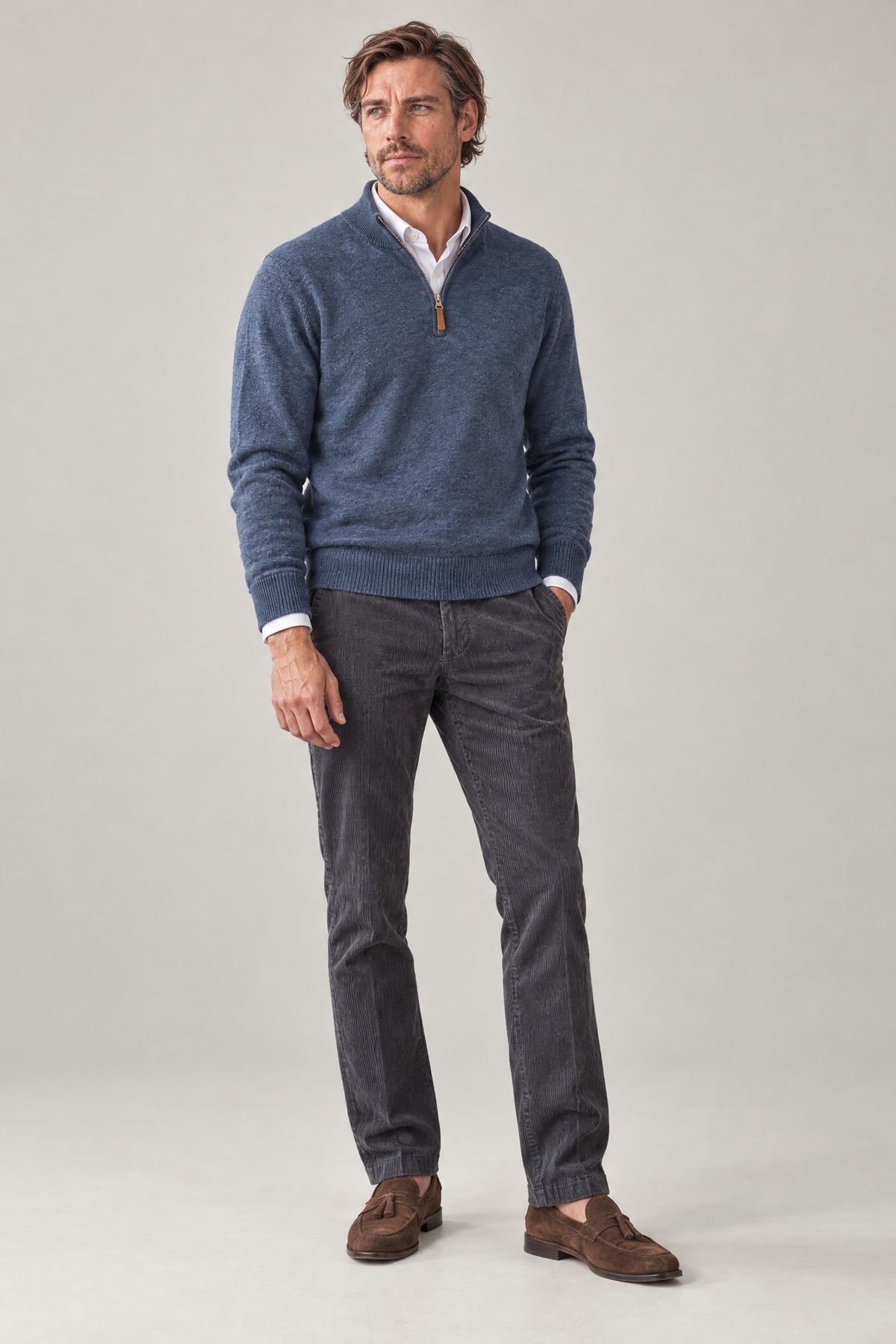 Merino Denimblå Zip Genser