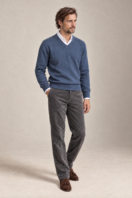 Merino Denimblå V-hals Genser