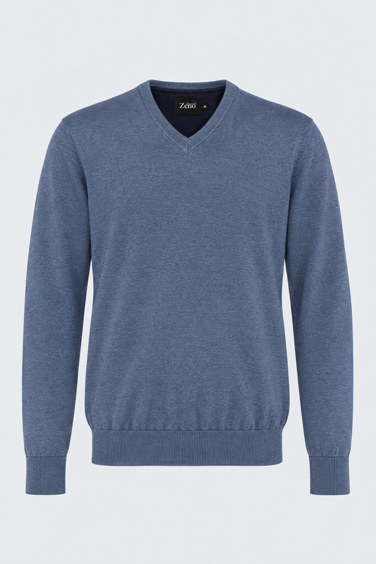 Merino Denimblå V-hals Genser