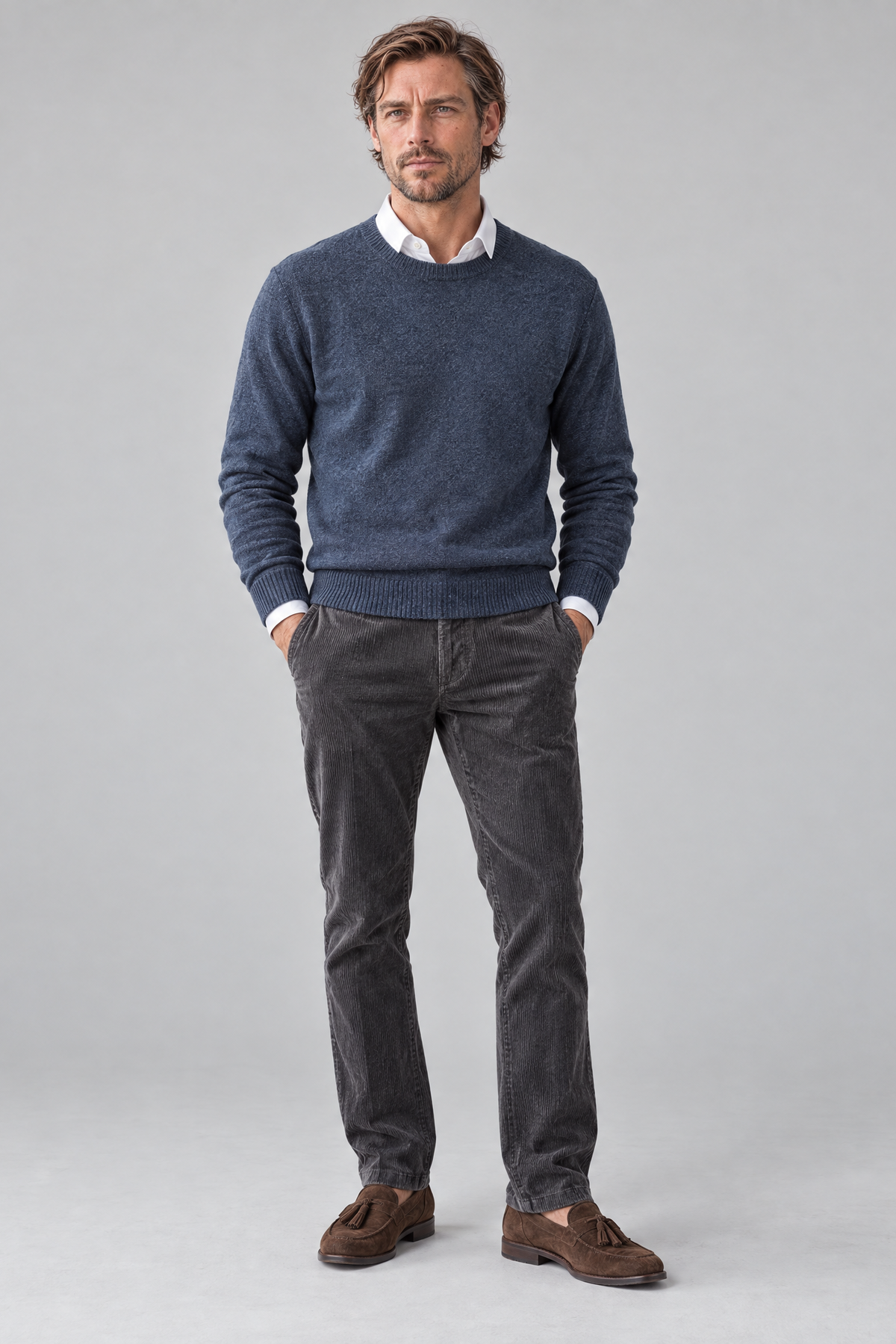 Merino Denimblå Rund Hals Genser