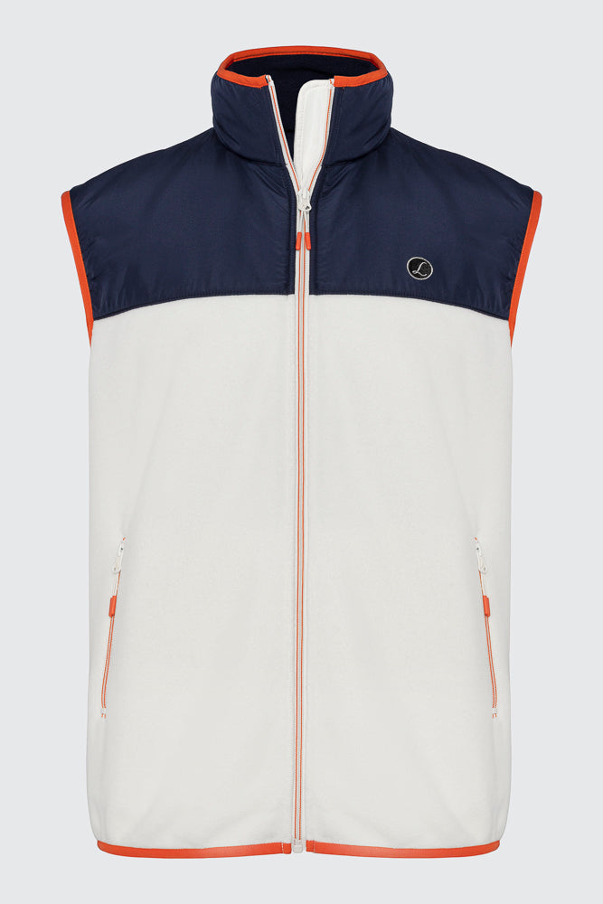 Produktbilde Hamptons Fleece Vest front, hvit fleece med navy skuldre og oransje krage og glidelås, Zeno