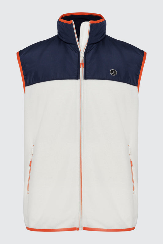 Produktbilde Hamptons Fleece Vest front, hvit fleece med navy skuldre og oransje krage og glidelås, Zeno