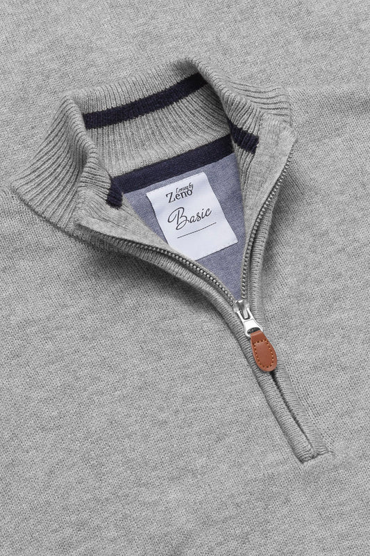 Hals og glidelåsdetaljer på basic bomullsgenser med halv-zip. Kontraststriper i hals,innvendig hals-tape og skjult glidelås. Foto