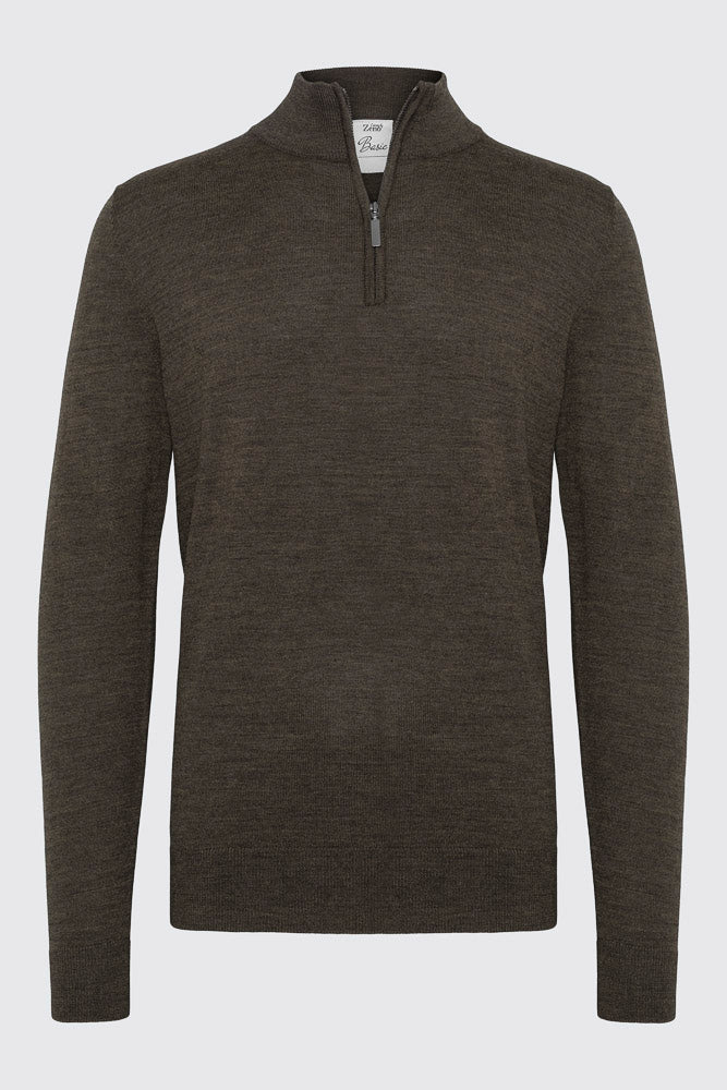 Brun halfzip genser til herre i merinoull